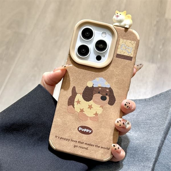 Etui til iPhone 15 Stjerneformet Gravhund + 3D Corgi Efterår og Vinter Læder Sød Hund 3D Dukke Tegneserie