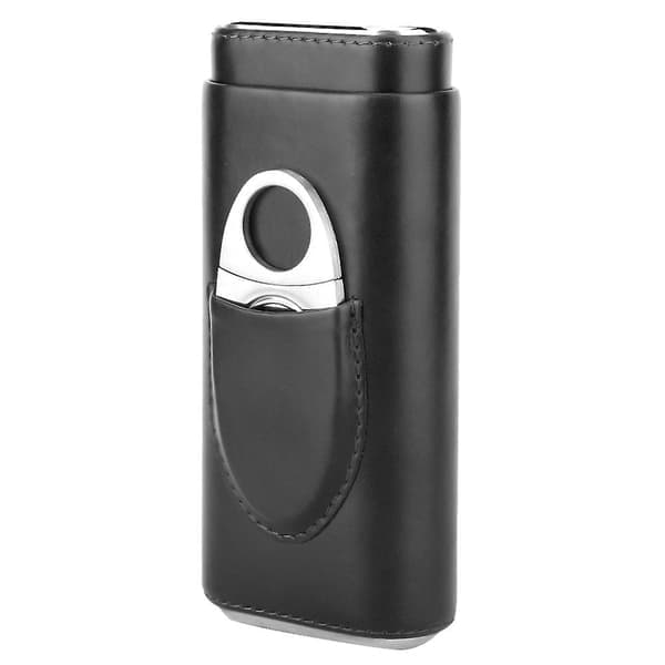 Bærbart cigaretui i læder, cedertræsfodret cigarhumidor med kutter (til 3 cigarer, sort)
