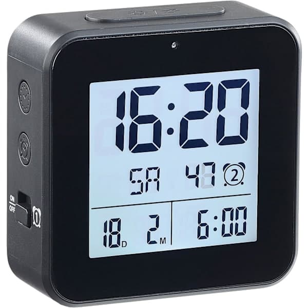 Radiostyrd väckarklocka med termometer och hygrometer