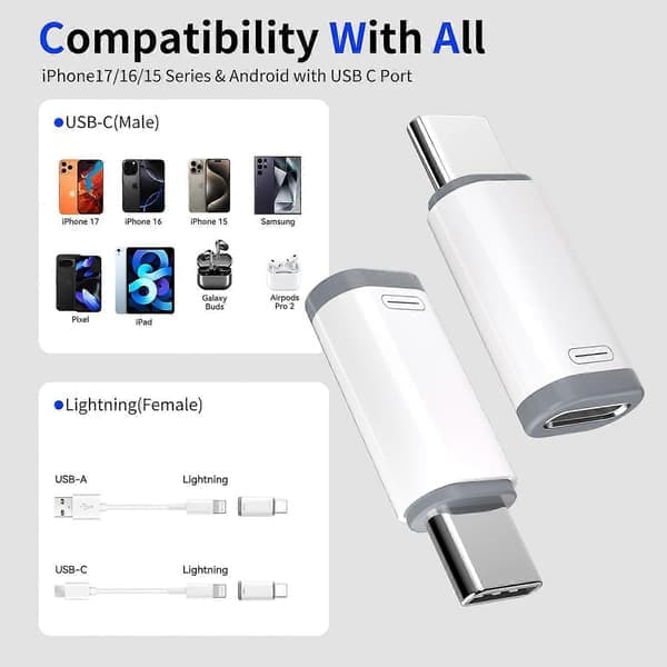 4-pak Lightning til USB C-adapter til iPhone 15/16/17 Pro/17 Pro Max, til iPhone 17/16 oplader, 17/16 tilbehør, hurtig opladning og dataoverførsel