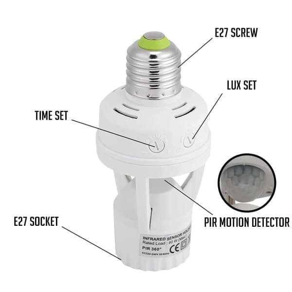 Sokkel med PIR-bevegelsessensorlampe med E27-sokkel