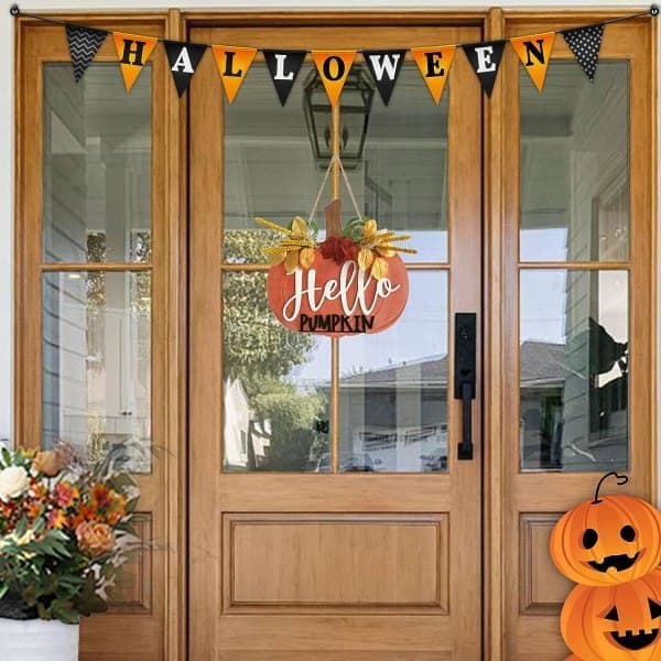 Hello Pumpkin Höst Välkomstskylt för ytterdörr Träpumpor Höstkrans för veranda Rustik bondgårdsvägg Vardagsrum (Hello Pumpkin)