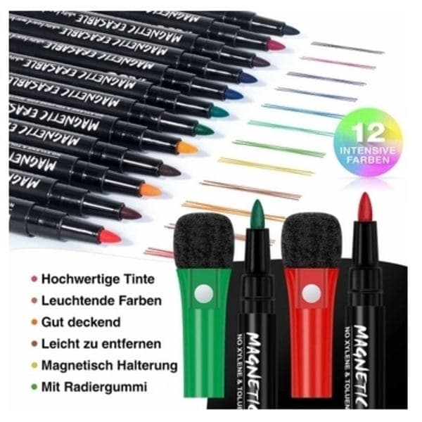 12 sæt magnetiske whiteboardpenne og viskelædere