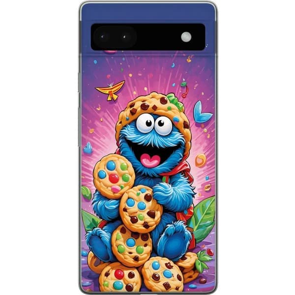 Kompatibelt mobildeksel til Google Pixel 6a Cookie Monster omgitt av fargerike kjeks Blå blue