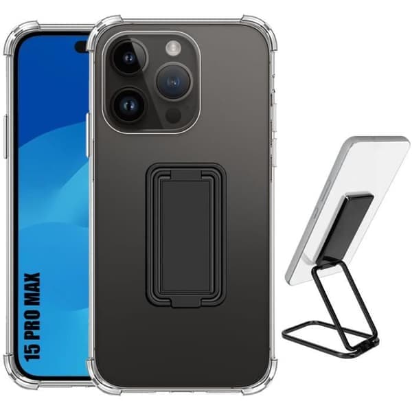 Silikondeksel - til iPhone - 15 Pro Max - Støtsikkert - Justerbart stativ - Svart Transparent Transparent
