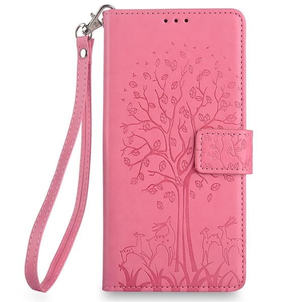 Redmi Note 14 4G - Läderfodral med trä- och älgprägling, rosa Rosa