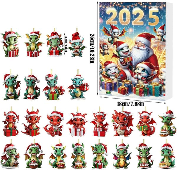 Julekalender overraskelsesboks, 24-dagers jule-dragebaby, juletre akrylpynt E 26*18*3cm E