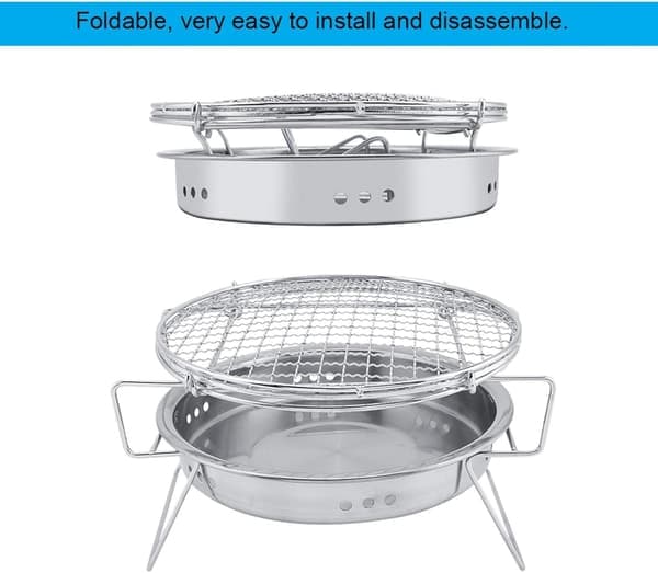 BBQ Grill, Mini Grill i Rustfrit Stål, Sammenklappelig Bærbar Rund til Udendørs Camping og Terrasse