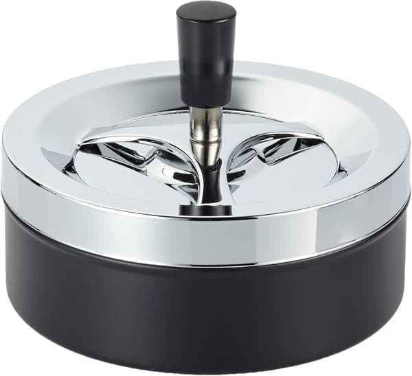 Stort smukt roterende askebæger, vindaskebæger, metal/krom/moderne sort ca. 13 cm