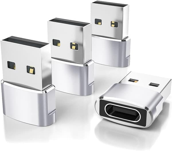 Elebase USB til USB C-adapter til iPhone 17 4-pak, USB-C hun til A han bilopladeradapter, Type C-konverter Apple 17e 16 Pro Max 15 14 Sølv Silver