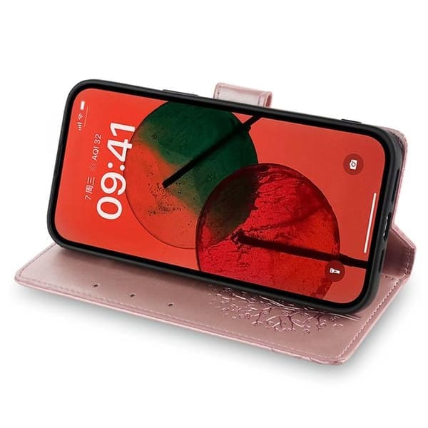 Redmi Note 14 4G - Läderfodral med trä- och älgprägling, roséguld Roséguld