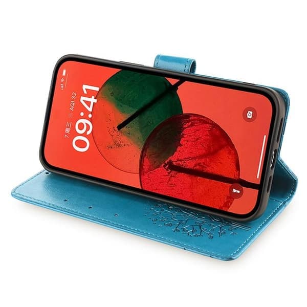 Redmi Note 14 4G - Läderfodral med trä- och älgprägling, blå Blå