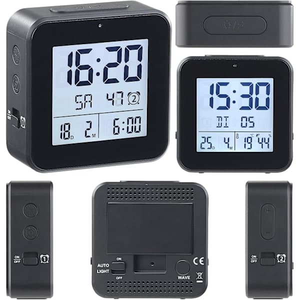 Radiostyrd väckarklocka med termometer och hygrometer