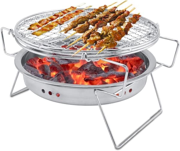 BBQ Grill, Mini Grill i Rustfrit Stål, Sammenklappelig Bærbar Rund til Udendørs Camping og Terrasse