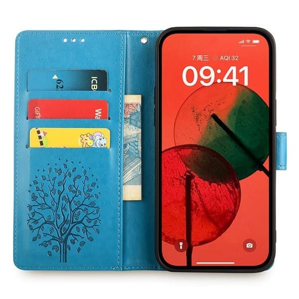 Redmi Note 14 4G - Läderfodral med trä- och älgprägling, blå Blå