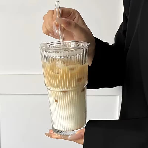 3-pack 550–600 ml glaskaffekoppar med lock och sugrör – mångsidiga drickmuggar