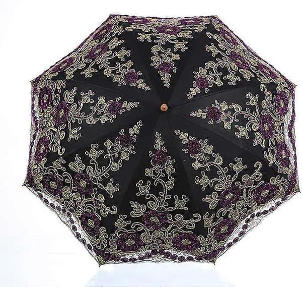 Sammenfoldelig UV Parasol Sne/Regn/Sol Paraply Broderi Bryllupsparaply Sort Black