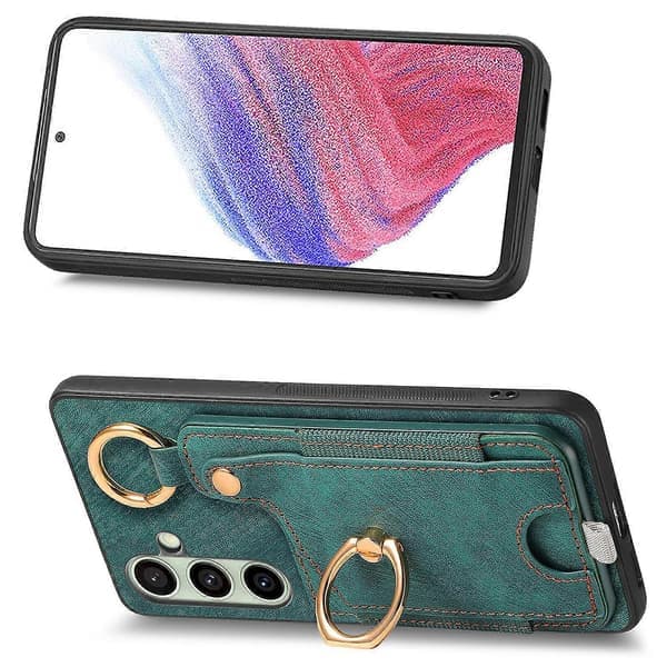 Retro lædertelefoncover med kortplads og ringholder til Samsung Galaxy S25 (sort)