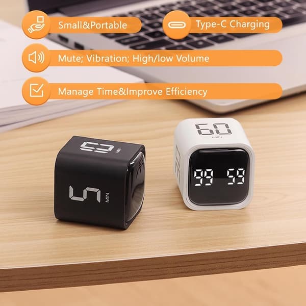 Kube-timer, roterende Pomodoro-timer, 5/10/30/60 minutter og tilpasset nedtelling, digital timer med vibrasjon hvit white