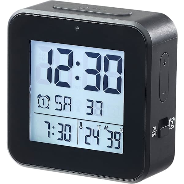 Radiostyrd väckarklocka med termometer och hygrometer