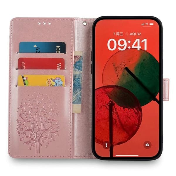 Redmi Note 14 4G - Läderfodral med trä- och älgprägling, roséguld Roséguld