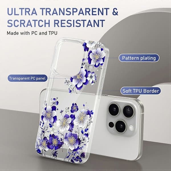 Blomsterdeksel for iPhone 15 Pro PC + TPU Transparent Deksel