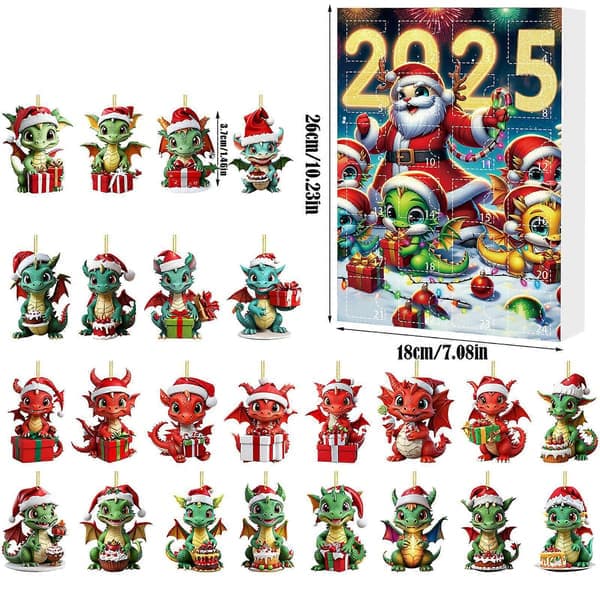 Julekalender overraskelsesboks, 24-dagers jule-dragebaby, juletre akrylpynt E 26*18*3cm E