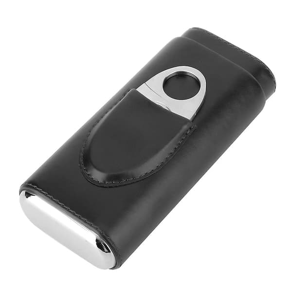 Bærbart cigaretui i læder, cedertræsfodret cigarhumidor med kutter (til 3 cigarer, sort)
