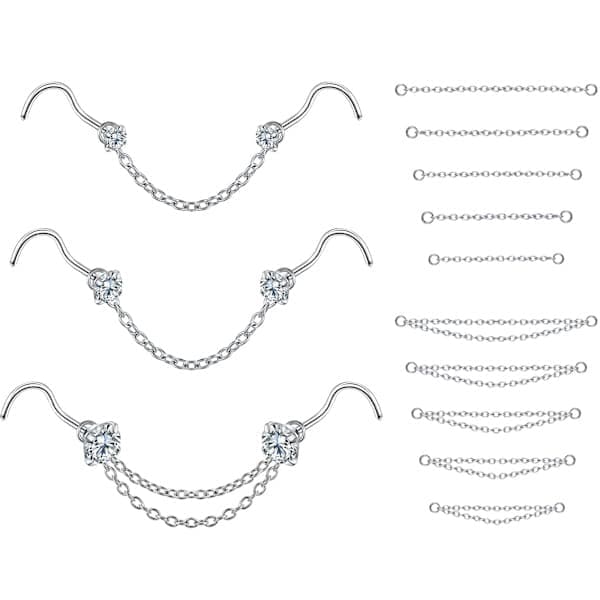 Kjede CZ Stud Nese Piercing Sett, 3 Størrelser 2mm-3mm, Punk Kroppssmykker, Gullfarget/Sølv Sølv Silver