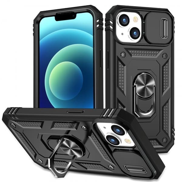 iPhone 15 Hybrid Cover med Ringholder og Kamerabeskyttelse - Sort