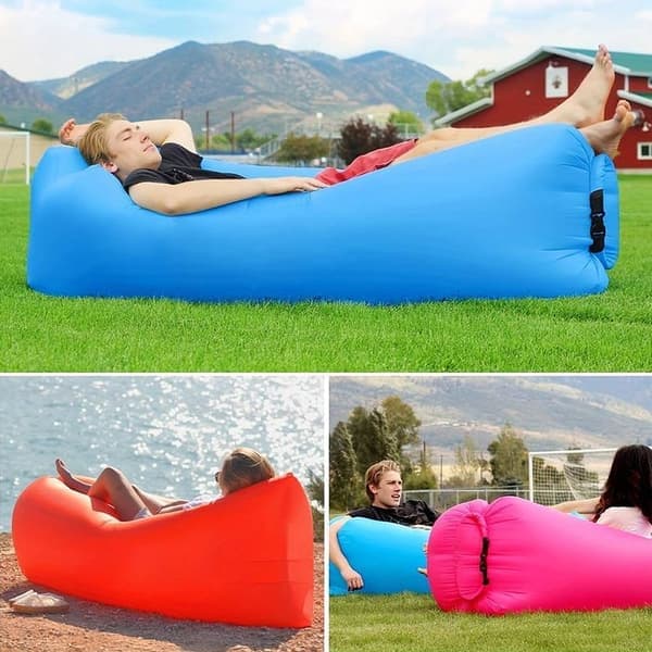 Oppustelig liggestol, selvoppustelig nylon og PE bærbar luftsofa til strandhavefestival, sort 200 x 90 cm sort