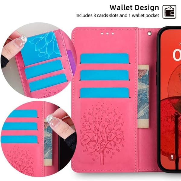 Redmi Note 14 4G - Läderfodral med trä- och älgprägling, rosa Rosa