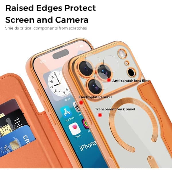 Pungcover til iPhone 17 Pro Max - Flip PU-læder med RFID-blokering, magnetisk bagside, orange