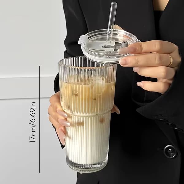 3-pack 550–600 ml glaskaffekoppar med lock och sugrör – mångsidiga drickmuggar