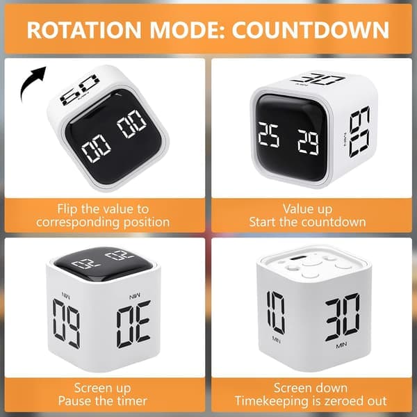 Kube-timer, roterende Pomodoro-timer, 5/10/30/60 minutter og tilpasset nedtelling, digital timer med vibrasjon hvit white