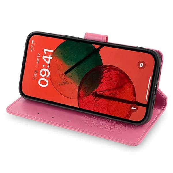 Redmi Note 14 4G - Läderfodral med trä- och älgprägling, rosa Rosa