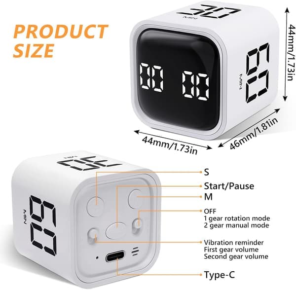 Terningtimer, Roterende Pomodoro Timer, 5/10/30/60 Minutter og Brugerdefineret Nedtælling, Digital Timer med Vibration Hvid white