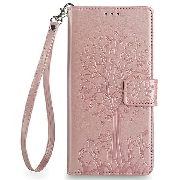 Redmi Note 14 4G - Läderfodral med trä- och älgprägling, roséguld Roséguld