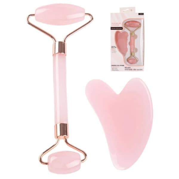 Rosformet ansigtsrulle og gua sha sæt (pink)