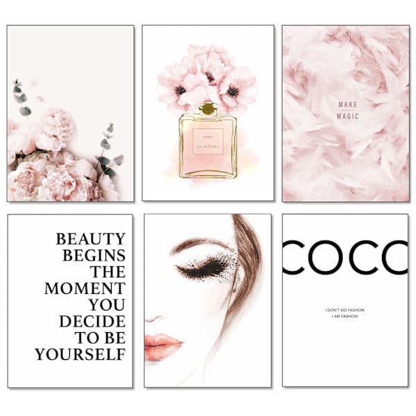 Väggkonst Affischset 6 st, A4 Vardagsrum Sovrum Väggdekor Tryck, Coco Rose Mönster Modern Heminredning (Ingen Ram)