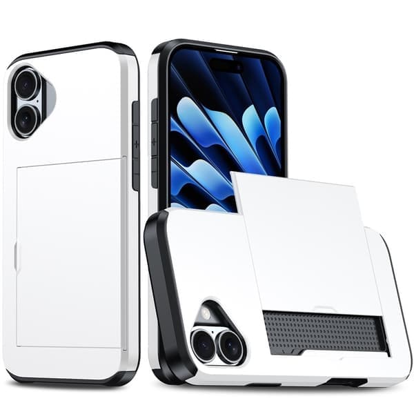 Fodral för iPhone16e 6.1 Vit Skjutbart Kortfack Anti-fall Hård Plånbok