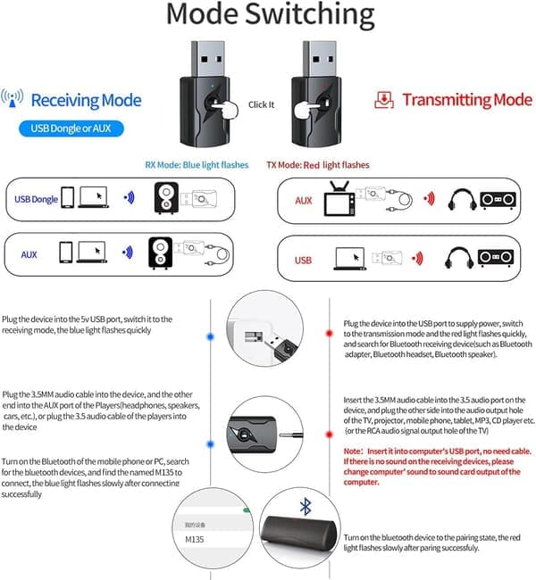 USB Bluetooth 5.0-adapter, USB Bluetooth-lydsender 5.0-mottaker Bluetooth-adapter med 3,5 mm lydkabel for PC/TV/bil/høyttaler/MP3/hodetelefoner