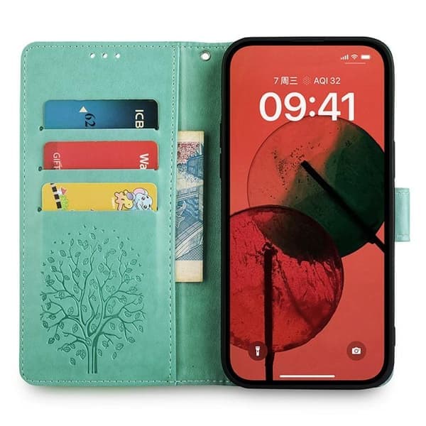 Redmi Note 14 4G - Läderfodral med trä- och älgprägling, grön Grön