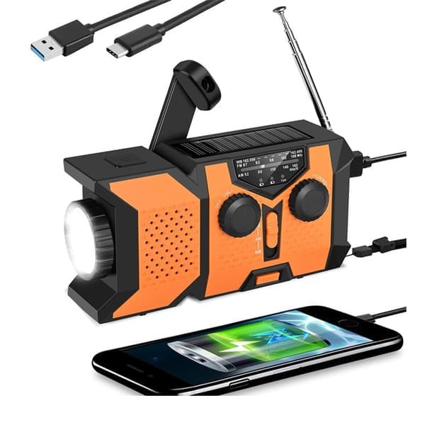Hätäsääradio 2000 Mwh ulkoisella akulla, USB/aurinkolataus/käsikampi ja taskulamppu, oranssi