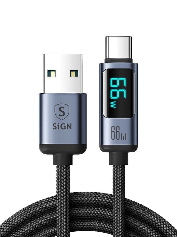 SiGN Prism Series 66W USB-A til USB-C Kabel med Skærm, 1,2 m - Sort