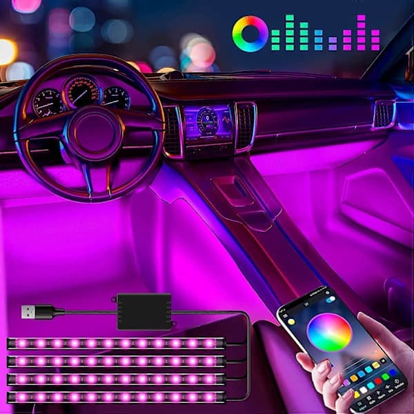 Bilinteriør LED-lys med APP-kontrol, RGB Ambient Belysningssæt til Bilinteriør