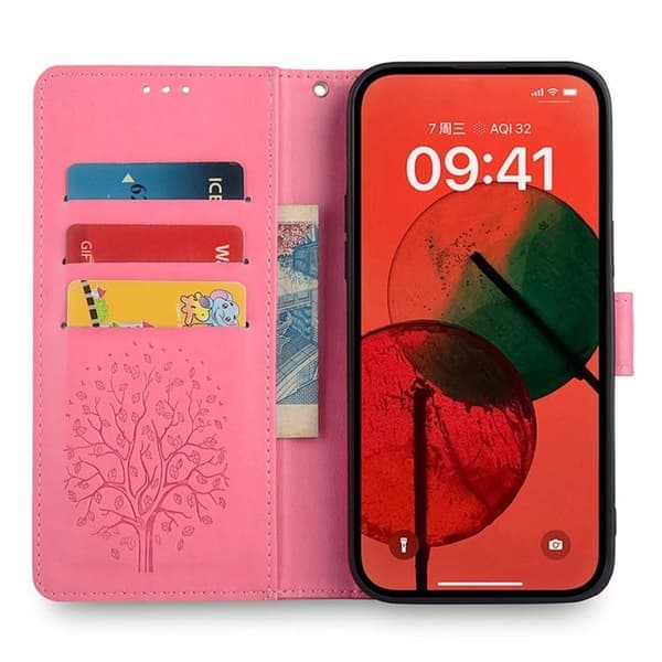 Redmi Note 14 4G - Läderfodral med trä- och älgprägling, rosa Rosa