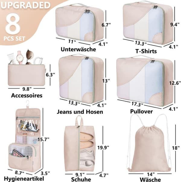 Bagageorganisatörsset - Resväskekit 8-pack med hållbara resväskor, förvaringsväskor, packkuber, resefodral marinblå Navy Blue