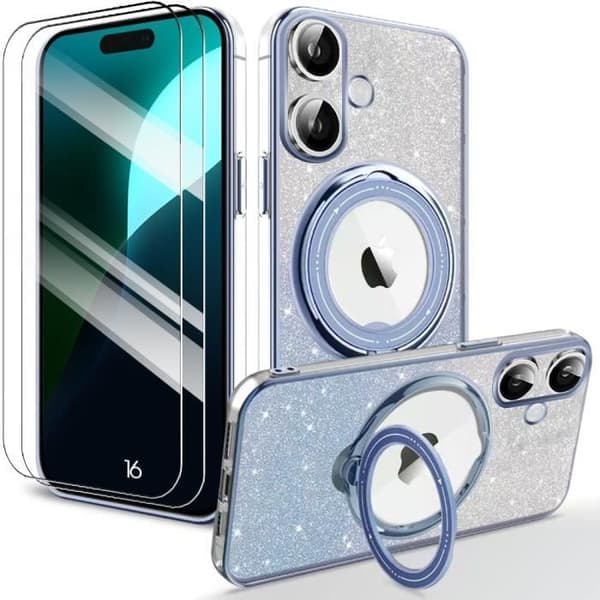 Beskyttelsesdeksel - BOOLING - til iPhone 16 - Silikon - Magnetisk stativ - 2 herdede glass Blå