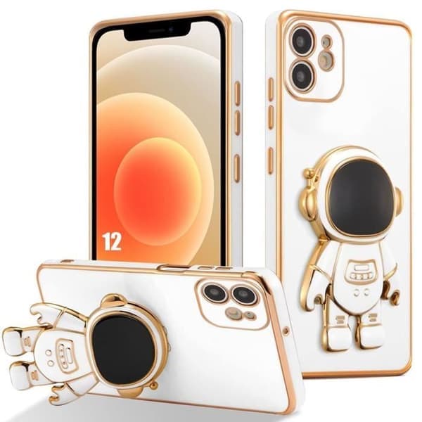 Skyddsfodral - E.F.CONNECTION - för iPhone 12 - Vit silikon - Astronautstöd - Guldplätering Vit